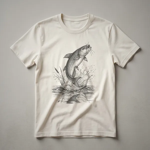 A black and white graphic t-shirt featuring a vintage drawing of a catfish leaping out of stylized water.