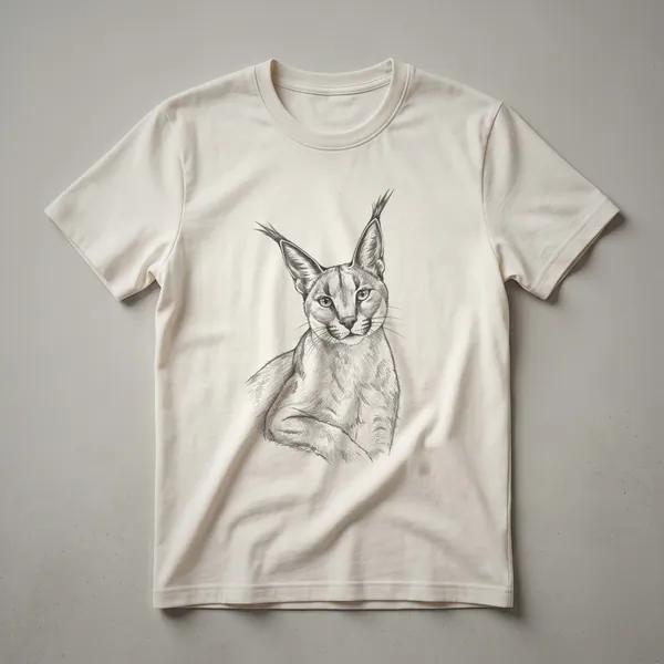 A vintage-style black line drawing of a caracal cat with prominent ear tufts, centered on a white t-shirt.