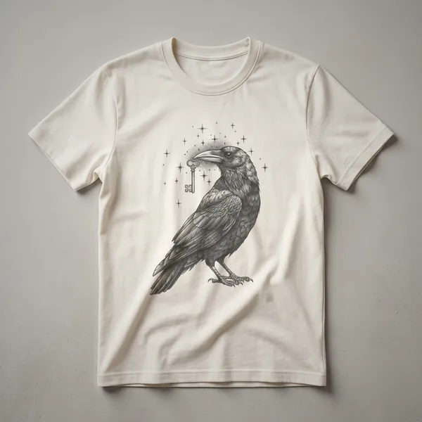 Black and white vintage drawing of a crow holding a key in its beak, printed on a t-shirt.