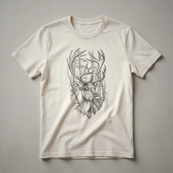 A black and white vintage line drawing of a caribou in profile, shown on a white t-shirt.