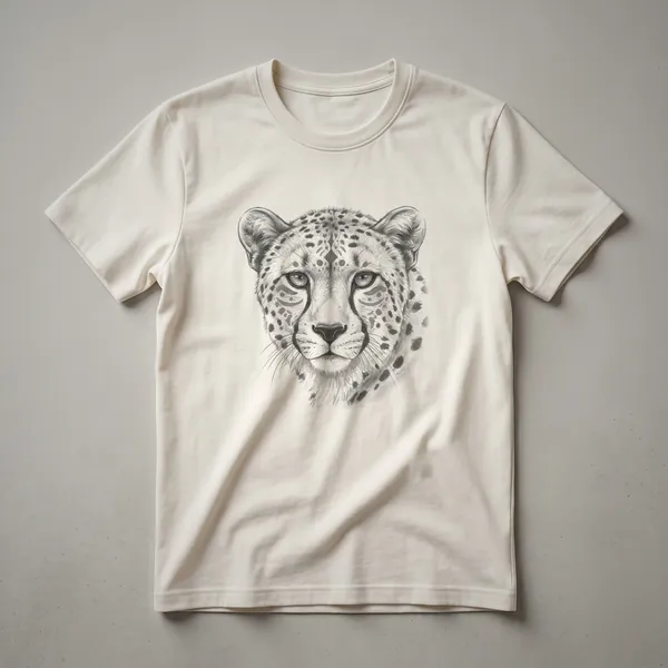 A vintage-style drawing of a cheetah's face is printed on the front of a black t-shirt.