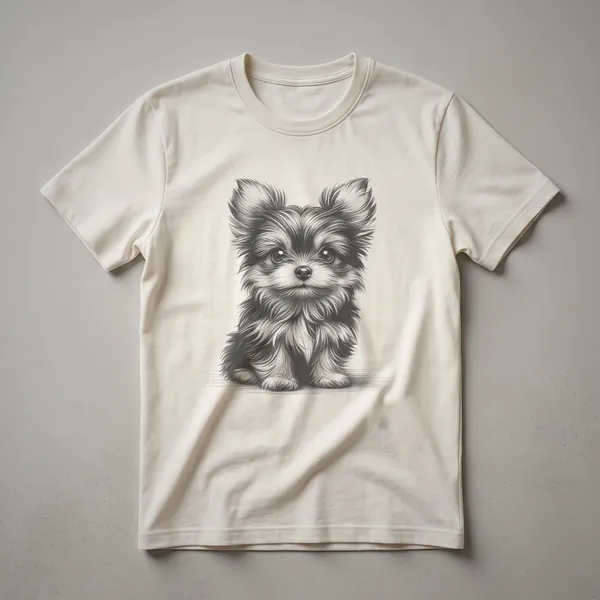 A heather grey t-shirt featuring a vintage-style drawing of a Chorkie dog with detailed linework and a classic aesthetic.