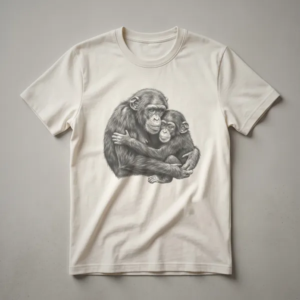 A vintage graphic t-shirt featuring an illustration of a mother chimpanzee tenderly hugging a baby chimpanzee, rendered in a classic art style.