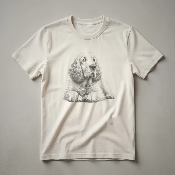 A white t-shirt featuring a black line drawing of a Clumber Spaniel dog in a vintage art style.