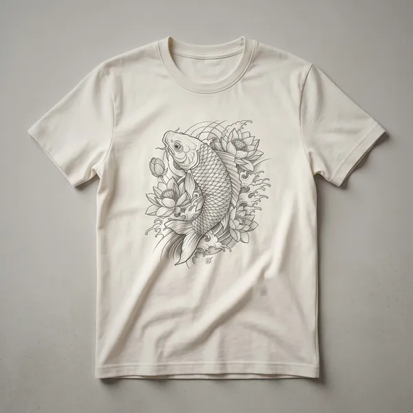 A vintage drawing of a carp fish swimming amongst lotus flowers, printed on a black t-shirt.
