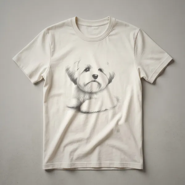 A vintage-style black and white line drawing of a Coton de Tulear dog, depicted from the chest up, on a plain background, likely on a white t-shirt.