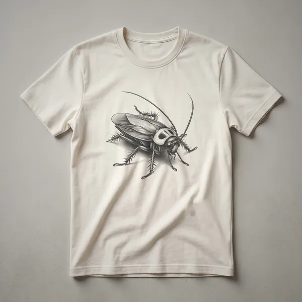 A black graphic t-shirt featuring a vintage-style line drawing of a cockroach in the center.