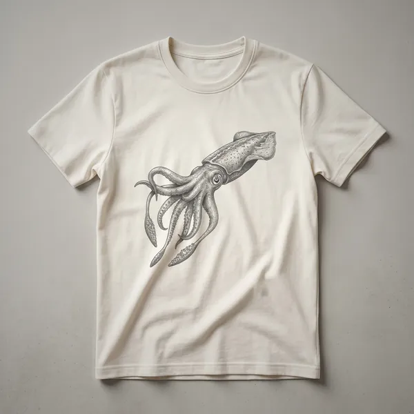 A vintage-style black line drawing of a colossal squid with tentacles spread, depicted on a white t-shirt.