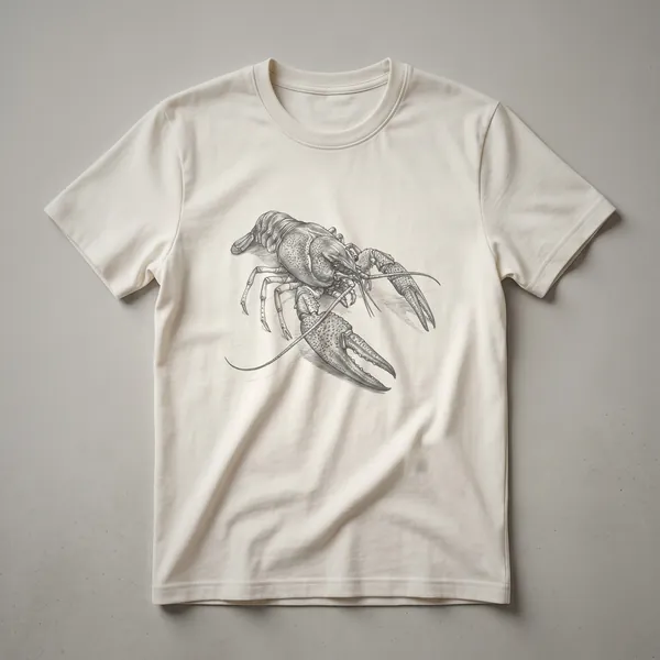 A vintage-style black and white line drawing of a crayfish on a plain background, presented on a t-shirt.