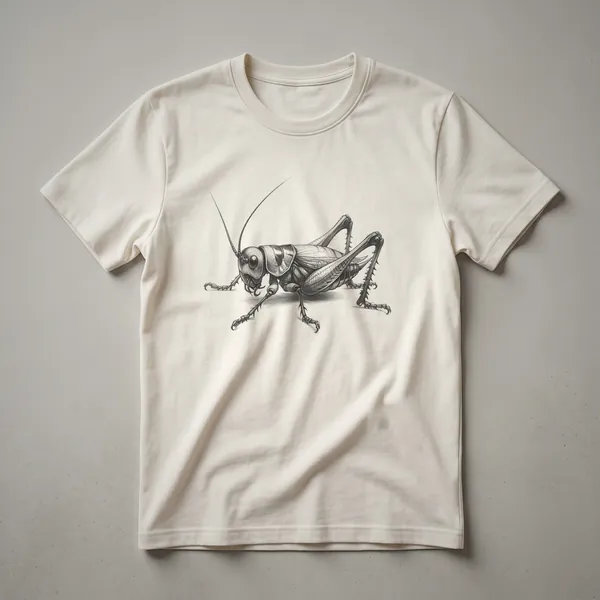 Black t-shirt featuring a white vintage line drawing of a cricket insect, showcasing its detailed anatomy and classic artistic style.