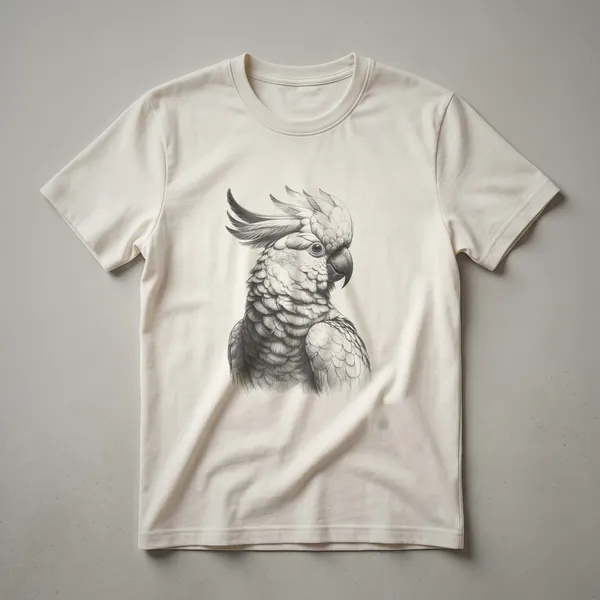 Black ink vintage drawing of a cockatoo parrot on a white t-shirt, shown in profile.