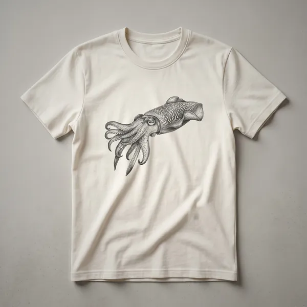 A vintage-style black and white line drawing of a cuttlefish on a white t-shirt.