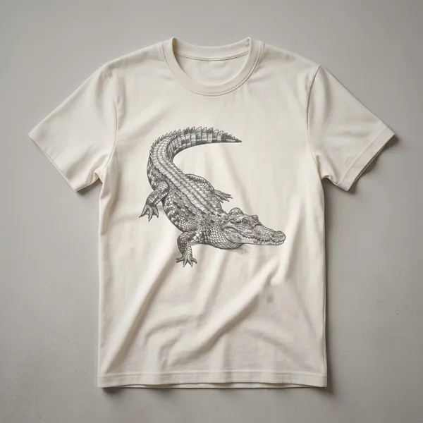 Black and white vintage line drawing of a caiman on a black t-shirt, showcasing its reptilian features and scaly texture.