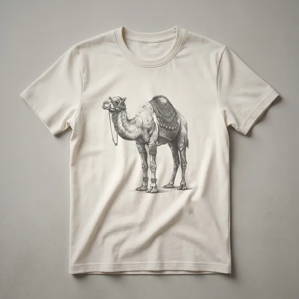 A white t-shirt with a black vintage line drawing of a camel in the center, showcasing its distinctive humps and legs.