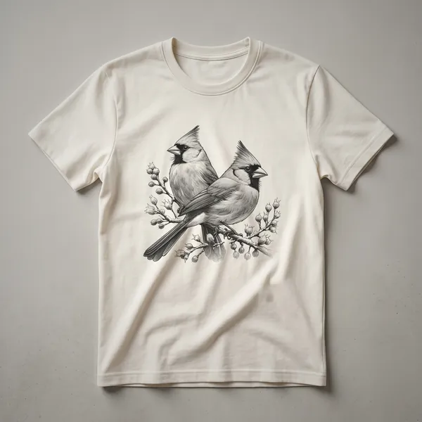 White graphic t-shirt featuring a vintage sketch-style drawing of a Northern Cardinal perched on a branch, with the bird in red and brown tones.