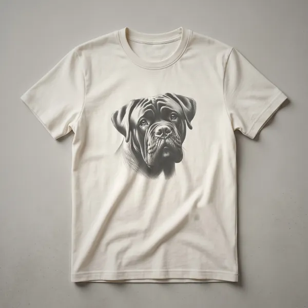 A vintage-style line drawing of a Cane Corso dog's face on a black t-shirt, showcasing the breed's distinctive features and noble expression.