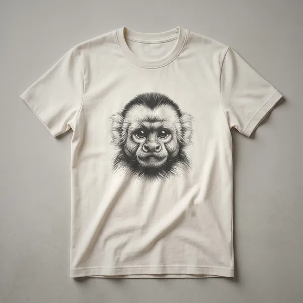 A vintage-style drawing of a capuchin monkey in profile, printed on a white t-shirt.