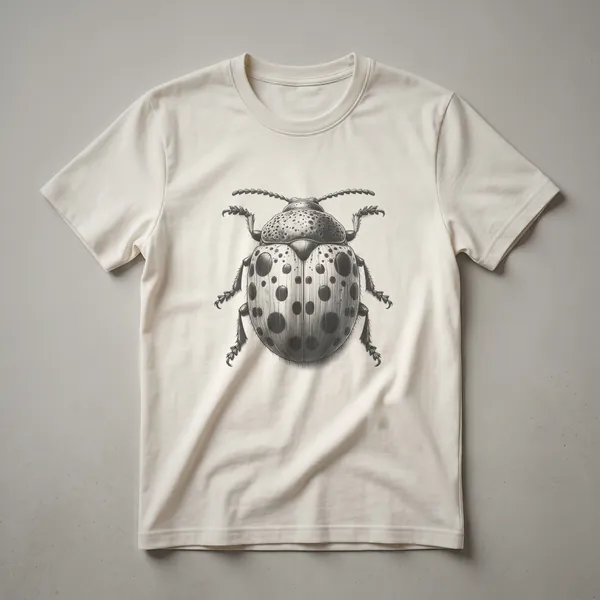A vintage drawing of a cucumber beetle on a black t-shirt, showcasing intricate details of the insect's body and markings.