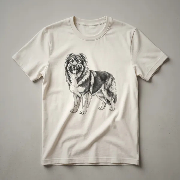 White graphic t-shirt featuring a vintage black line drawing of a Caucasian Shepherd dog's head, with the text 'Vintage Caucasian Shepherd Drawing Art Design' below it.