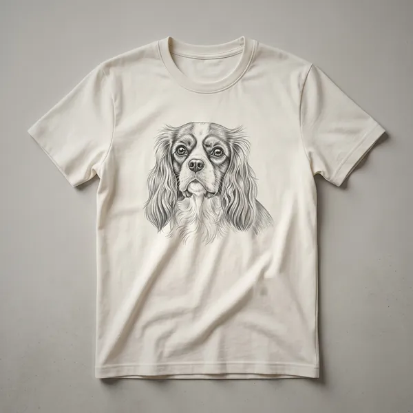 White graphic t-shirt featuring a vintage-style illustration of a Cavalier King Charles Spaniel in profile with distressed textures.