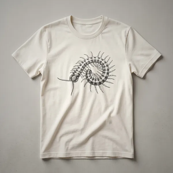 Black and white vintage centipede line drawing art design on a white t-shirt, showcasing its segmented body and many legs.