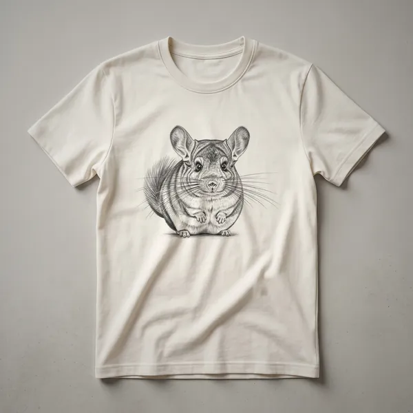 White graphic t-shirt featuring a vintage black line drawing of a chinchilla with a fluffy tail and large ears.