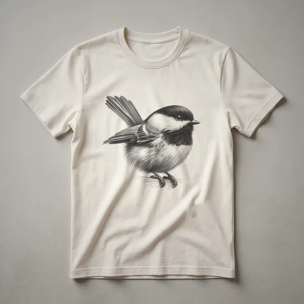 Black and white vintage drawing of a chickadee bird on a white t-shirt, showcasing intricate line art details of the bird's form.