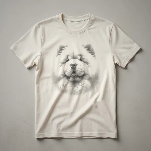 White graphic t-shirt featuring a vintage black line drawing of a Chow Chow dog's head, showcasing its mane and facial features.
