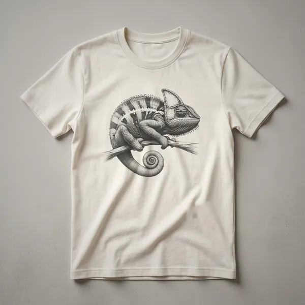 A vintage-style black and white line drawing of a chameleon on a white t-shirt, showcasing its coiled tail and textured skin.