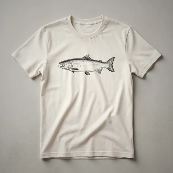 A vintage-style drawing of a Chinook salmon fish, depicted in profile, on a white t-shirt.