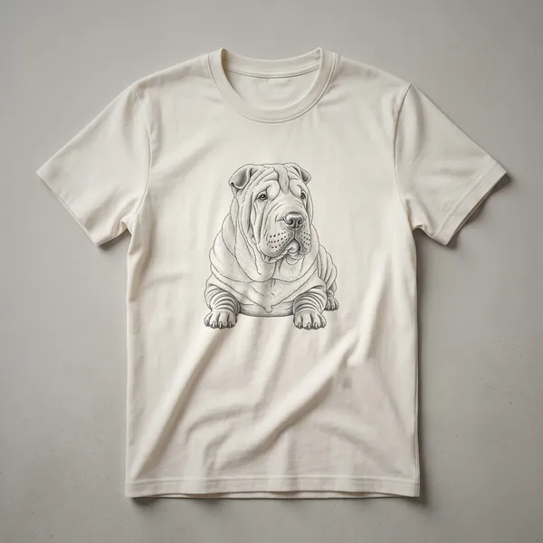 A black and white vintage line drawing of a Shar Pei dog's head is printed on a white t-shirt.
