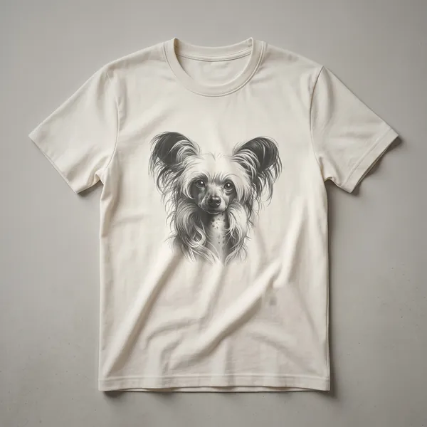 Black and white line drawing graphic t-shirt featuring a Chinese Crested dog in profile, presented on a white background.