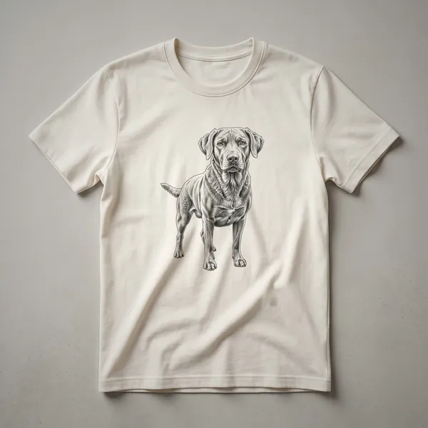 A vintage-style line drawing of a Chesapeake Bay Retriever dog on a white t-shirt.