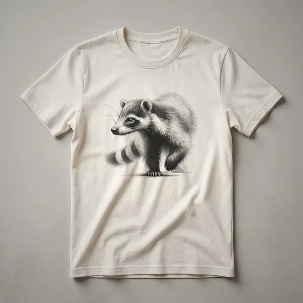 A vintage line drawing of a coati on a white t-shirt, showcasing its long snout and ringed tail.