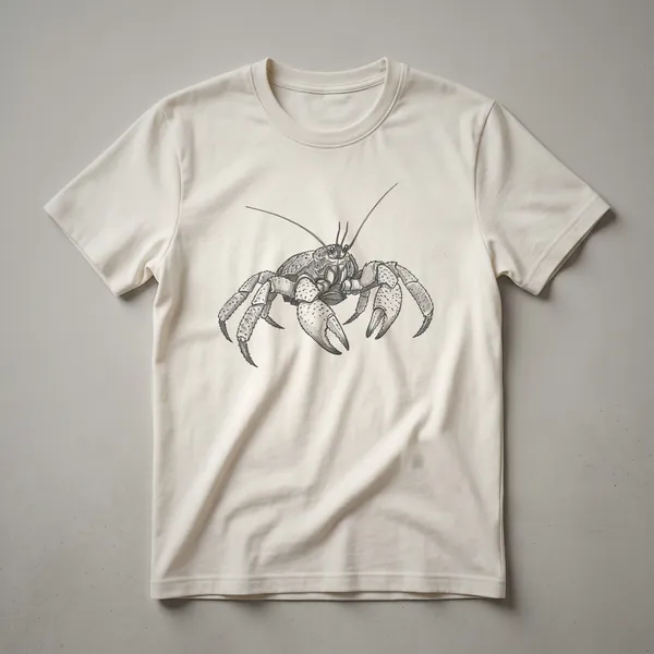 A vintage drawing of a coconut crab on a black t-shirt, showcasing its detailed claws and exoskeleton.