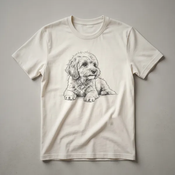 A white t-shirt featuring a vintage-style black line drawing of a Cockapoo dog's head and shoulders.