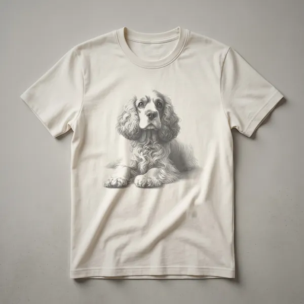 A black and white line drawing of a Cocker Spaniel dog's head with floppy ears, printed on a heather grey t-shirt.