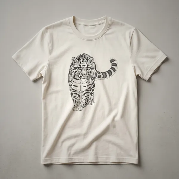 A vintage drawing of a clouded leopard on a black t-shirt, showcasing its unique spotted coat and feline features.