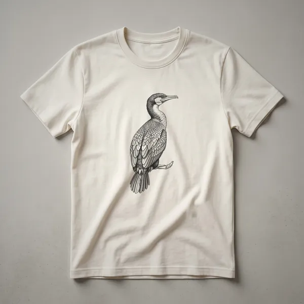 A black and white vintage line drawing of a cormorant bird in profile, printed on a white t-shirt.
