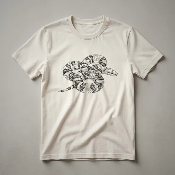 White t-shirt with a vintage drawing of a coiled coral snake featuring red, yellow, and black bands.