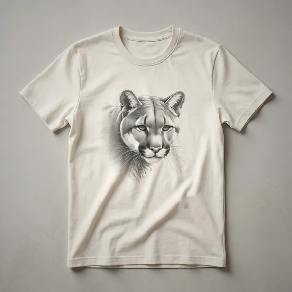 A black and white vintage cougar line drawing graphic t-shirt, shown in profile with intricate linework.