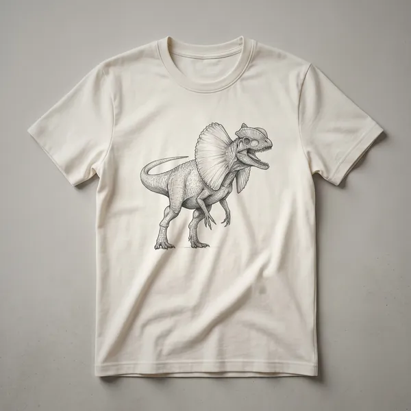 A vintage-style graphic t-shirt featuring a detailed drawing of a Dilophosaurus dinosaur in profile, highlighting its frill and crests.