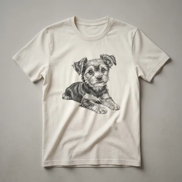 White graphic t-shirt featuring a vintage black and white drawing of a Dachshund dog in profile, with subtle shading.
