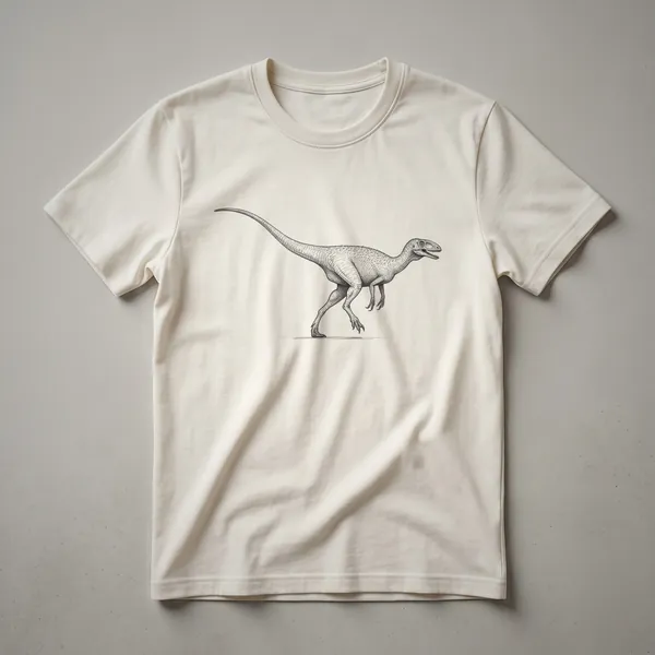 A black line drawing of a Compsognathus dinosaur on a white t-shirt, presented in a vintage art style.