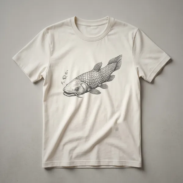 A vintage drawing of a Coelacanth fish, depicted in black and white, on a plain background, presented on a t-shirt.