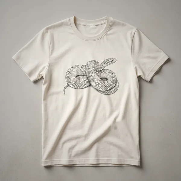 A vintage-style line drawing of a corn snake coiled on a black t-shirt, showcasing intricate scale patterns.