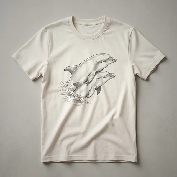 A vintage drawing of two dolphins leaping out of the water, printed on a white t-shirt.