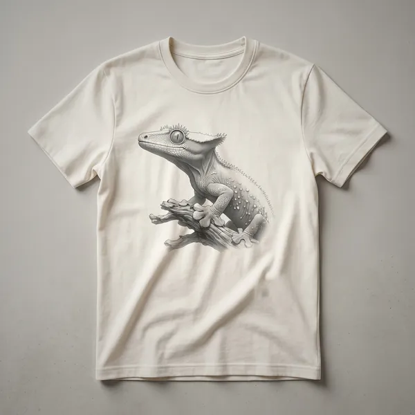 A black t-shirt featuring a vintage-style drawing of a crested gecko with detailed linework and shading.