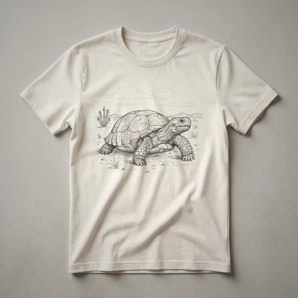 A black and white vintage line drawing of a desert tortoise on a plain background, featured on a t-shirt.