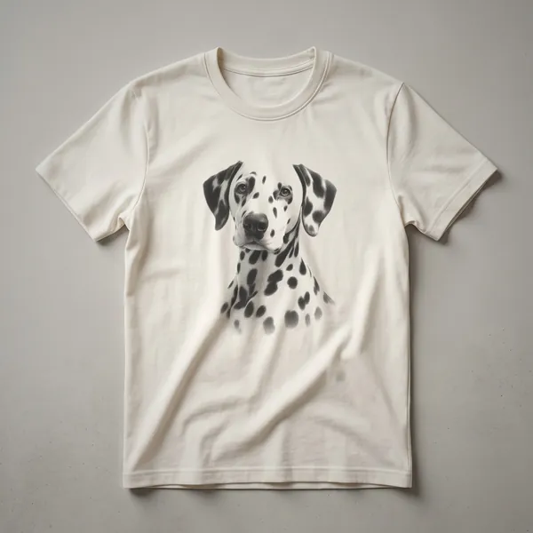 White t-shirt featuring a black vintage-style drawing of a Dalmatian dog in profile, showcasing its iconic spots.